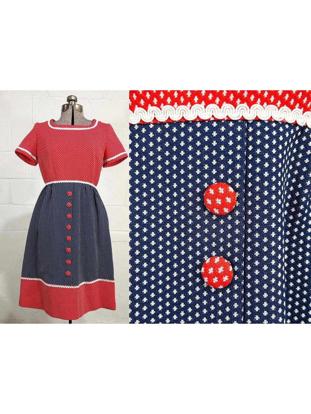 Red White & Blue Polka Dot Dress Short Sleeve Swing 1960s Medium